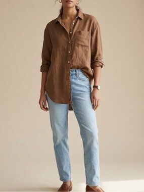 Lands’ End 100% Linen Button Front Tunic Top Neutral Brown Large 14-16
